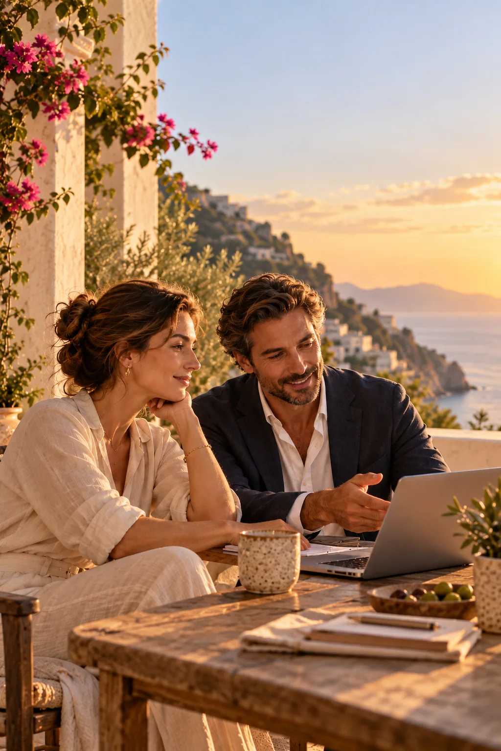 A woman and a guide having a relaxed conversation over a laptop